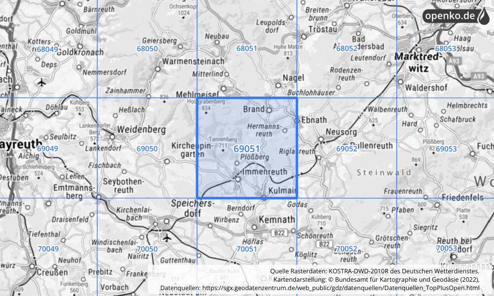 Übersichtskarte KOSTRA-DWD-2010R Rasterfeld Nr. 69051 mit angrenzenden Feldern