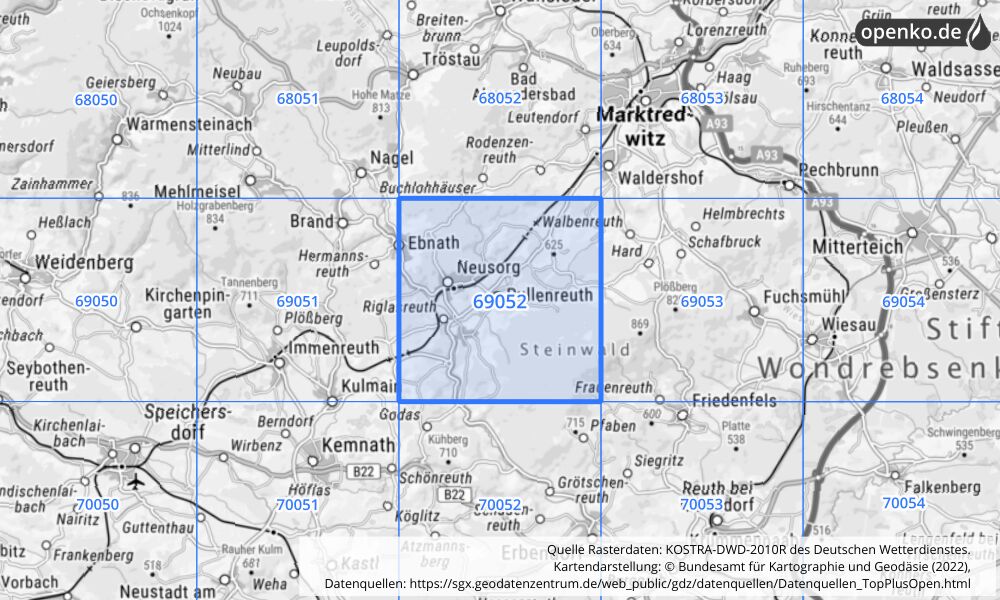 Übersichtskarte KOSTRA-DWD-2010R Rasterfeld Nr. 69052 mit angrenzenden Feldern