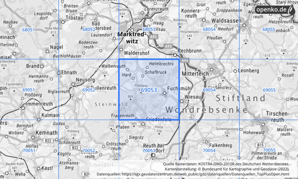 Übersichtskarte KOSTRA-DWD-2010R Rasterfeld Nr. 69053 mit angrenzenden Feldern