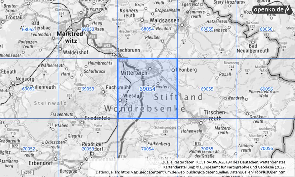 Übersichtskarte KOSTRA-DWD-2010R Rasterfeld Nr. 69054 mit angrenzenden Feldern