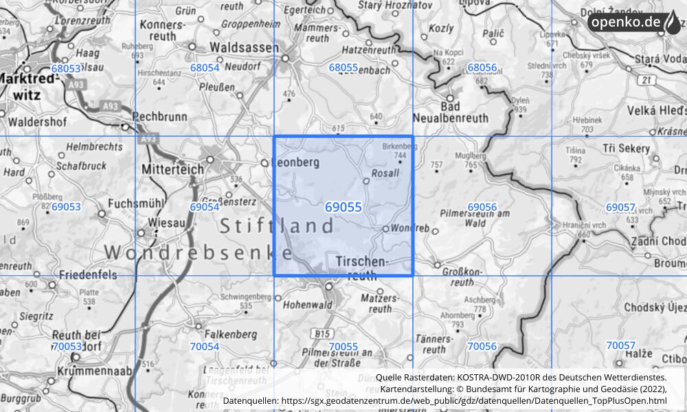 Übersichtskarte KOSTRA-DWD-2010R Rasterfeld Nr. 69055 mit angrenzenden Feldern