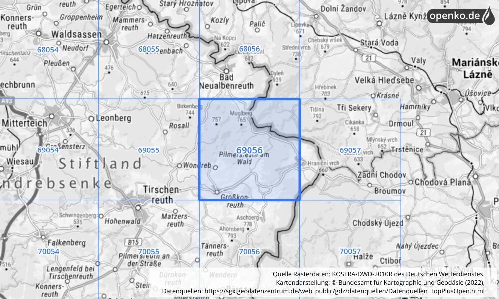 Übersichtskarte KOSTRA-DWD-2010R Rasterfeld Nr. 69056 mit angrenzenden Feldern