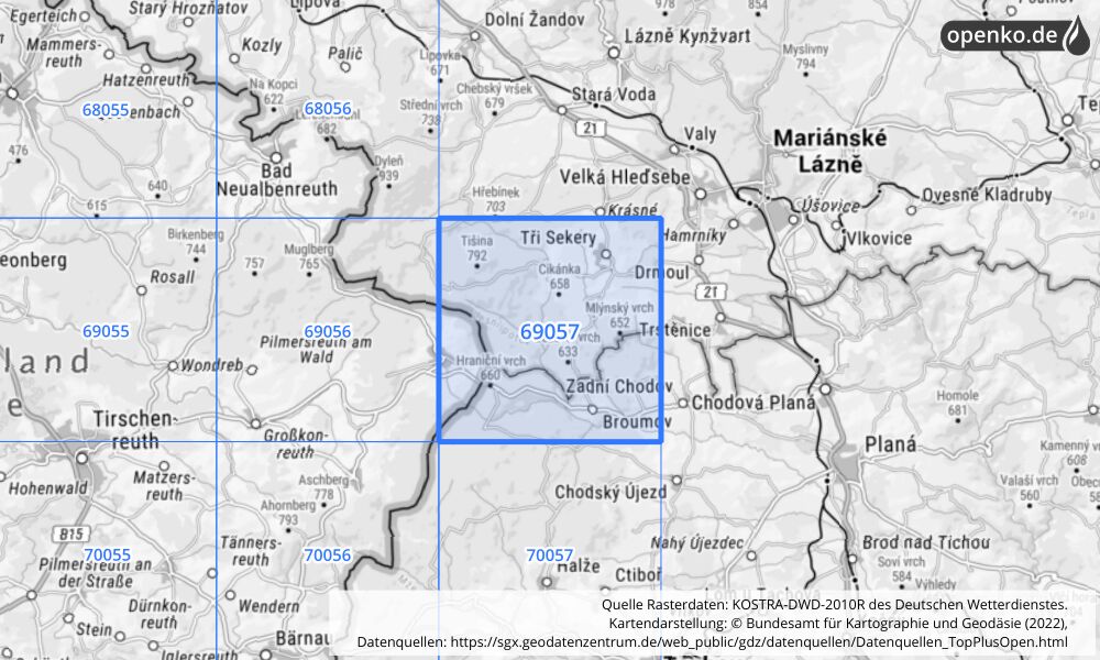 Übersichtskarte KOSTRA-DWD-2010R Rasterfeld Nr. 69057 mit angrenzenden Feldern
