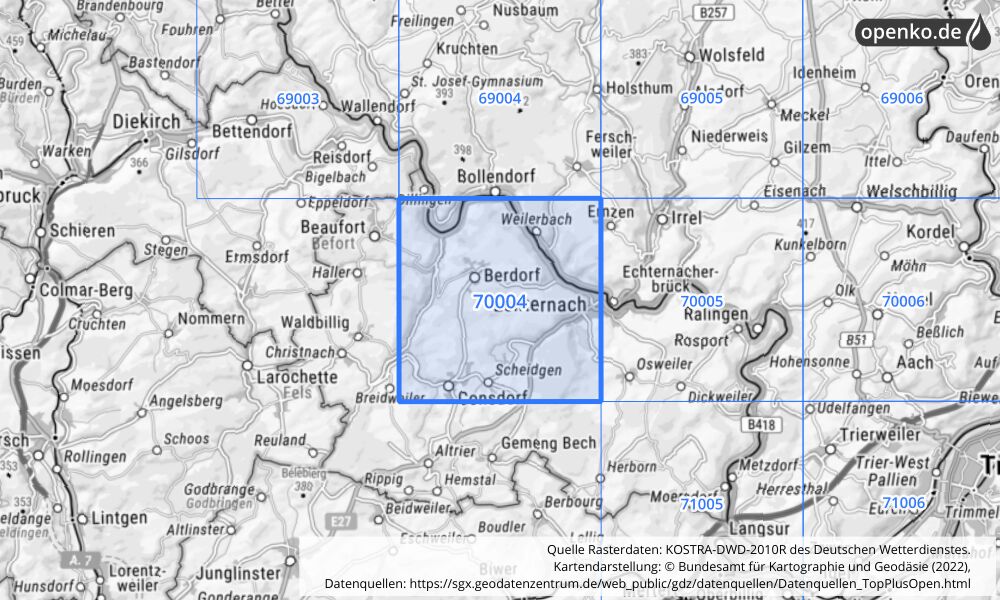 Übersichtskarte KOSTRA-DWD-2010R Rasterfeld Nr. 70004 mit angrenzenden Feldern