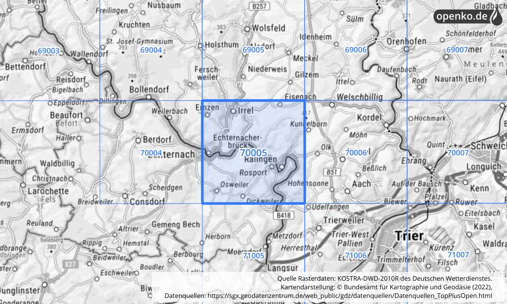 Übersichtskarte KOSTRA-DWD-2010R Rasterfeld Nr. 70005 mit angrenzenden Feldern