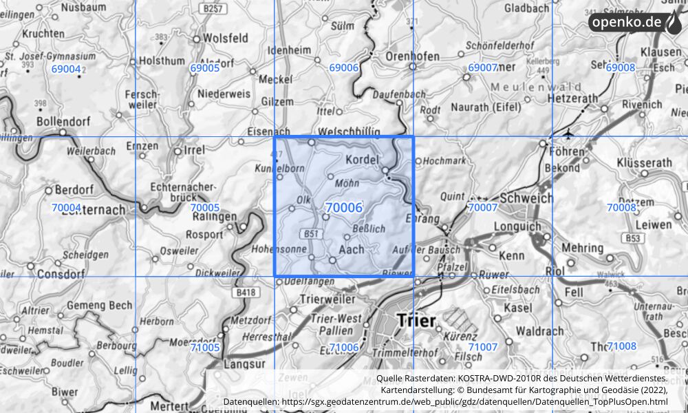 Übersichtskarte KOSTRA-DWD-2010R Rasterfeld Nr. 70006 mit angrenzenden Feldern