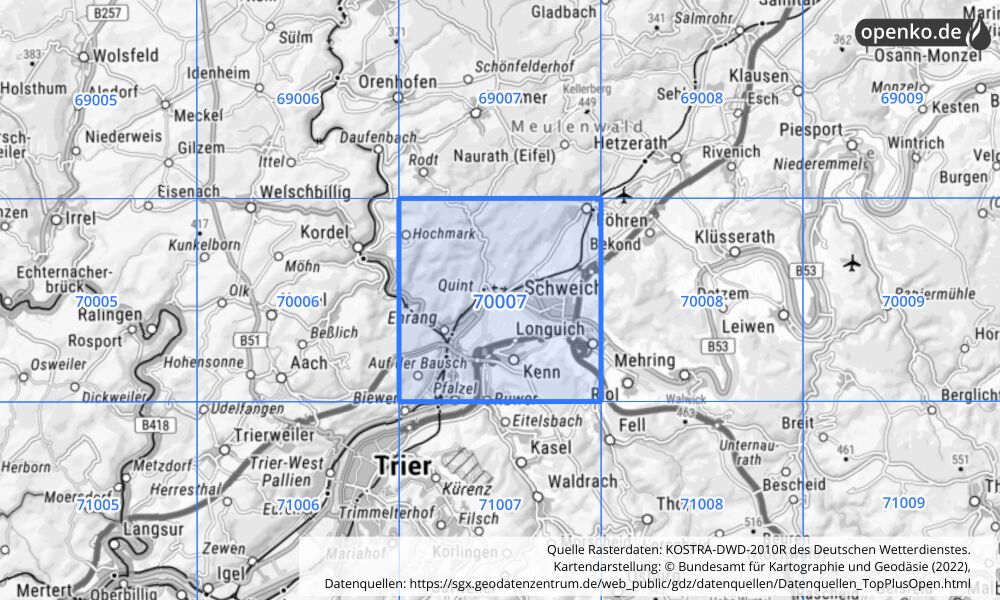 Übersichtskarte KOSTRA-DWD-2010R Rasterfeld Nr. 70007 mit angrenzenden Feldern