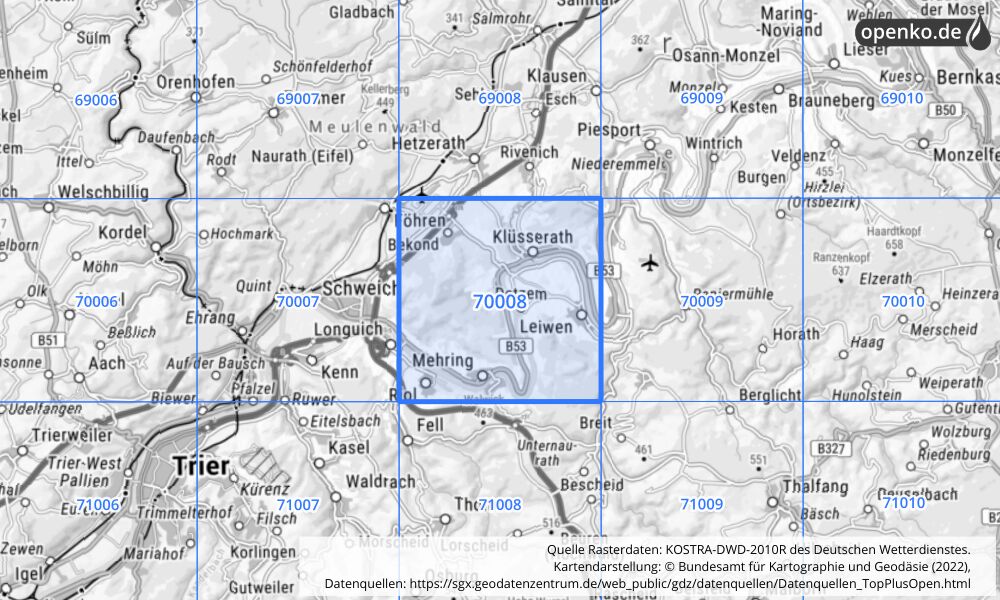 Übersichtskarte KOSTRA-DWD-2010R Rasterfeld Nr. 70008 mit angrenzenden Feldern