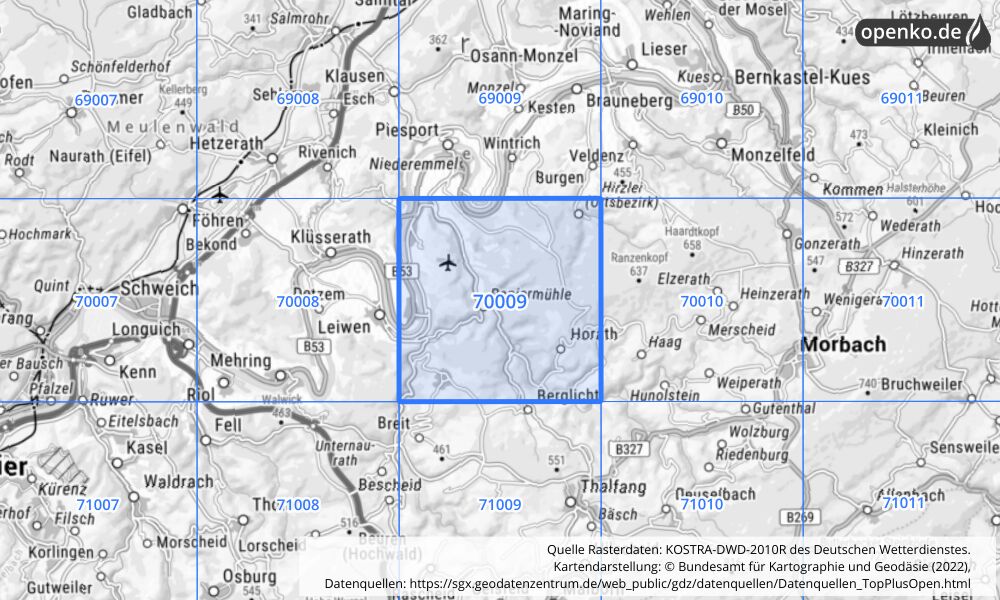 Übersichtskarte KOSTRA-DWD-2010R Rasterfeld Nr. 70009 mit angrenzenden Feldern