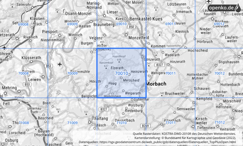 Übersichtskarte KOSTRA-DWD-2010R Rasterfeld Nr. 70010 mit angrenzenden Feldern