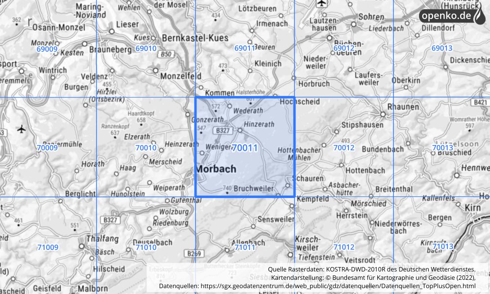 Übersichtskarte KOSTRA-DWD-2010R Rasterfeld Nr. 70011 mit angrenzenden Feldern