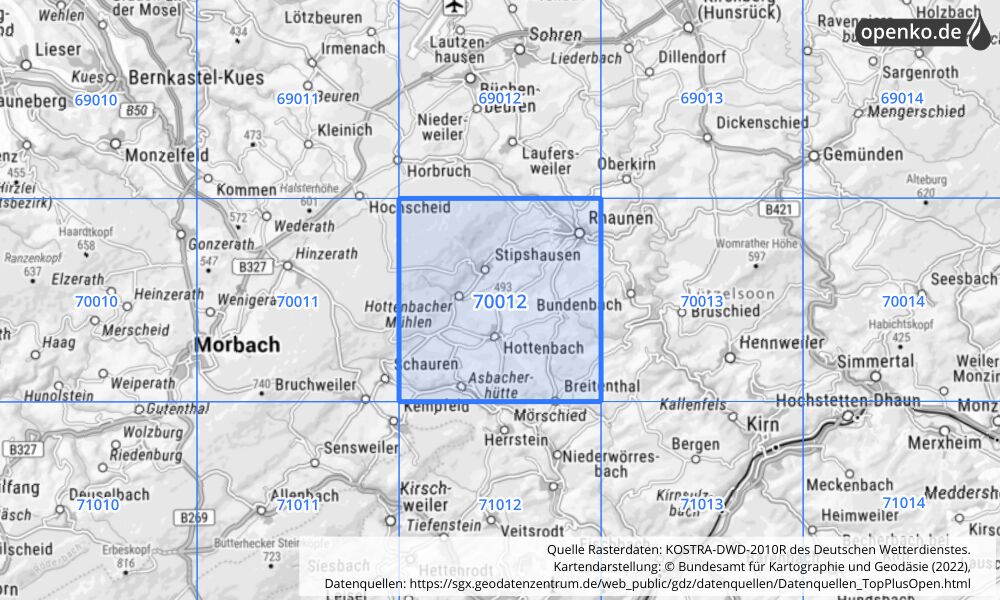 Übersichtskarte KOSTRA-DWD-2010R Rasterfeld Nr. 70012 mit angrenzenden Feldern