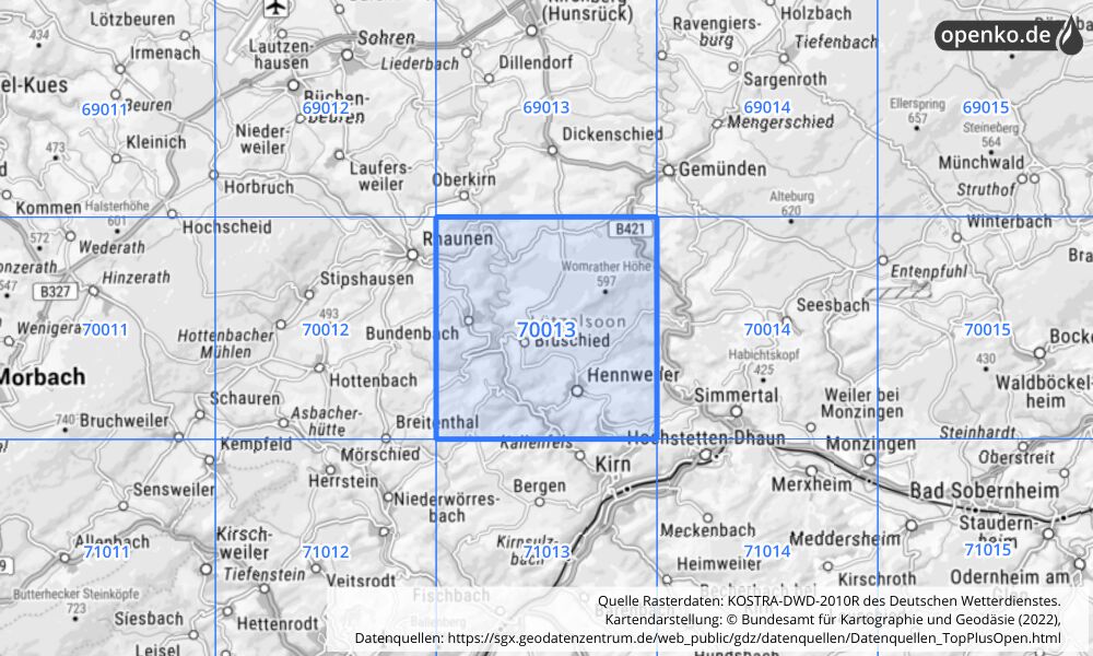 Übersichtskarte KOSTRA-DWD-2010R Rasterfeld Nr. 70013 mit angrenzenden Feldern