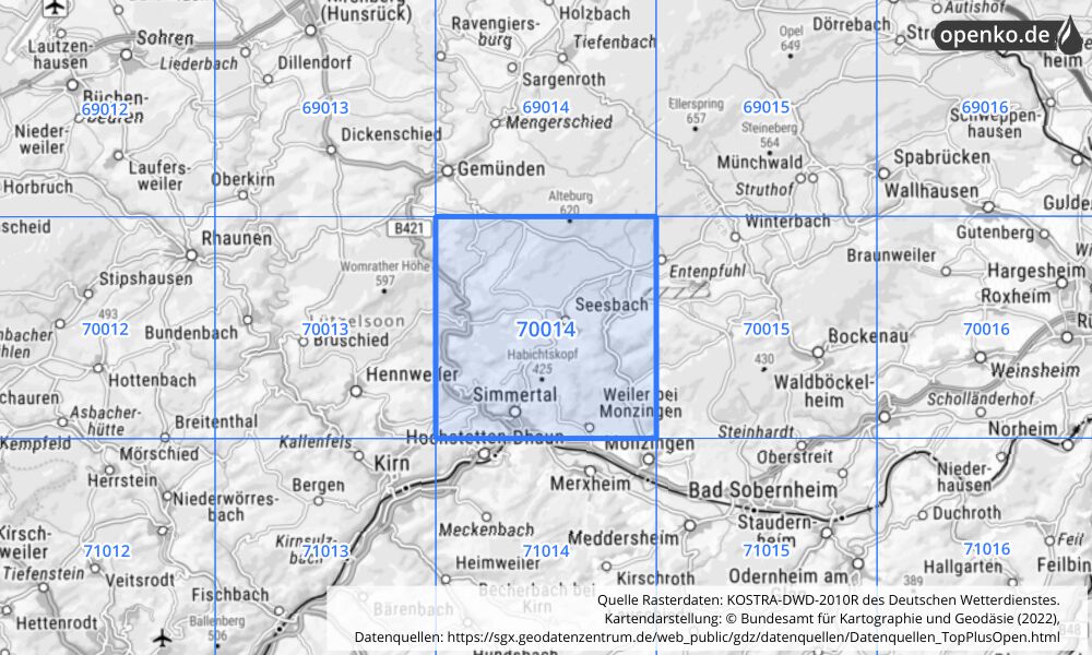 Übersichtskarte KOSTRA-DWD-2010R Rasterfeld Nr. 70014 mit angrenzenden Feldern