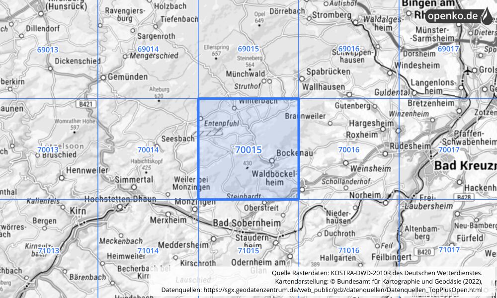 Übersichtskarte KOSTRA-DWD-2010R Rasterfeld Nr. 70015 mit angrenzenden Feldern