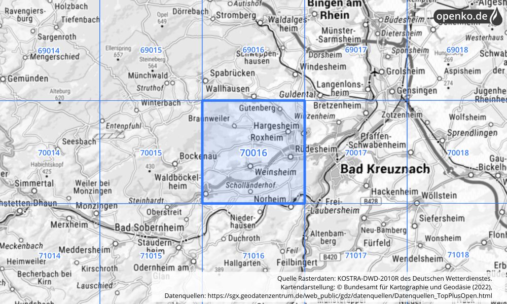 Übersichtskarte KOSTRA-DWD-2010R Rasterfeld Nr. 70016 mit angrenzenden Feldern