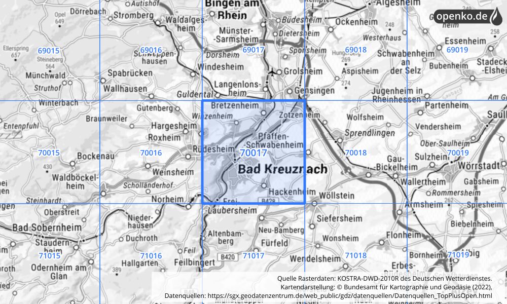 Übersichtskarte KOSTRA-DWD-2010R Rasterfeld Nr. 70017 mit angrenzenden Feldern