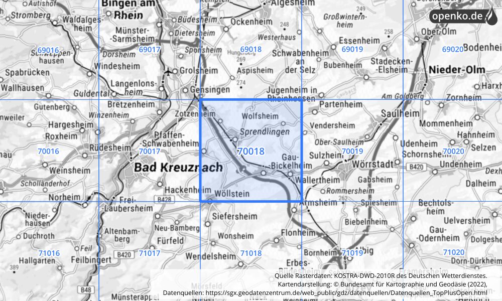 Übersichtskarte KOSTRA-DWD-2010R Rasterfeld Nr. 70018 mit angrenzenden Feldern