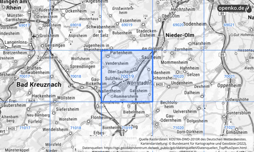 Übersichtskarte KOSTRA-DWD-2010R Rasterfeld Nr. 70019 mit angrenzenden Feldern