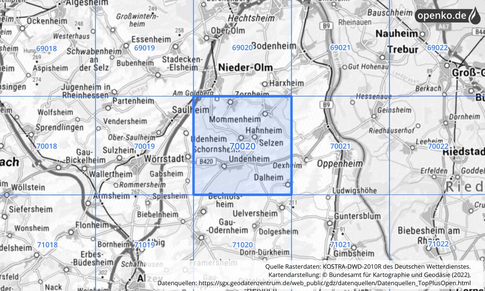 Übersichtskarte KOSTRA-DWD-2010R Rasterfeld Nr. 70020 mit angrenzenden Feldern