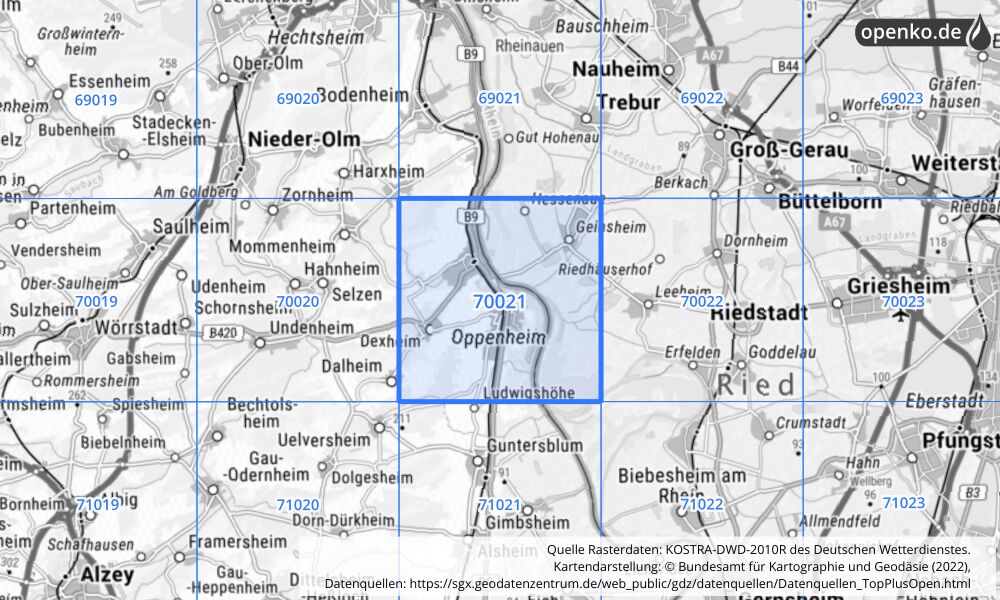 Übersichtskarte KOSTRA-DWD-2010R Rasterfeld Nr. 70021 mit angrenzenden Feldern