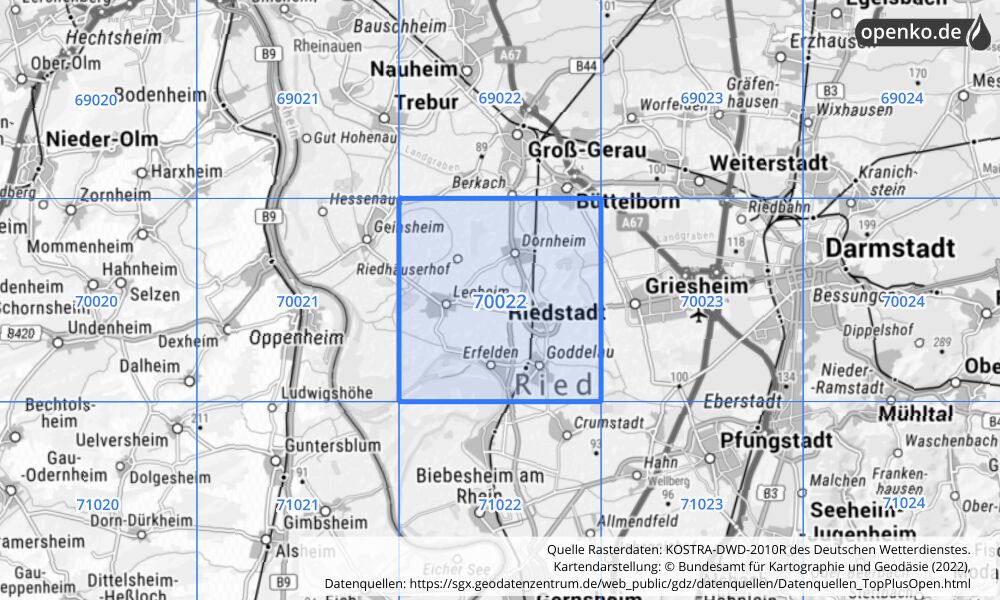 Übersichtskarte KOSTRA-DWD-2010R Rasterfeld Nr. 70022 mit angrenzenden Feldern