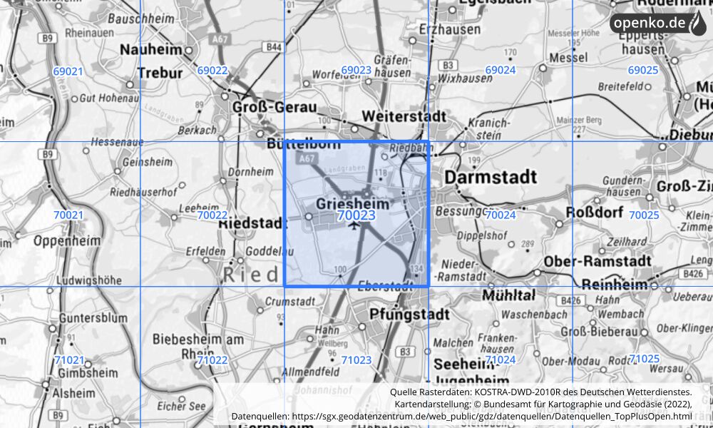 Übersichtskarte KOSTRA-DWD-2010R Rasterfeld Nr. 70023 mit angrenzenden Feldern