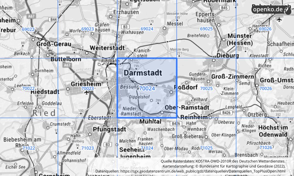 Übersichtskarte KOSTRA-DWD-2010R Rasterfeld Nr. 70024 mit angrenzenden Feldern