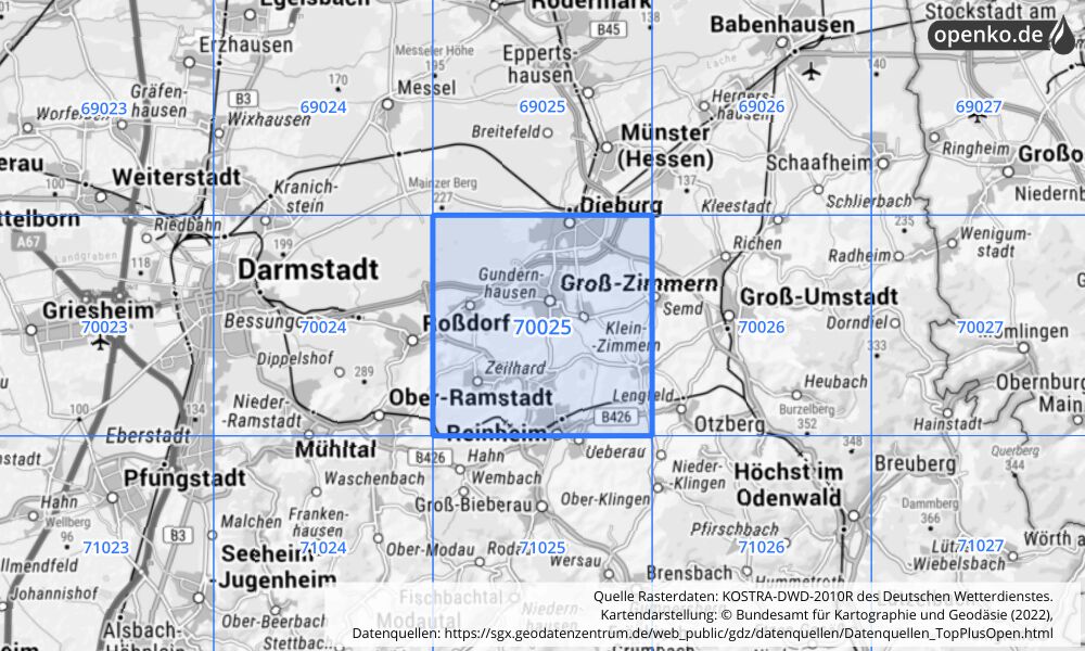 Übersichtskarte KOSTRA-DWD-2010R Rasterfeld Nr. 70025 mit angrenzenden Feldern