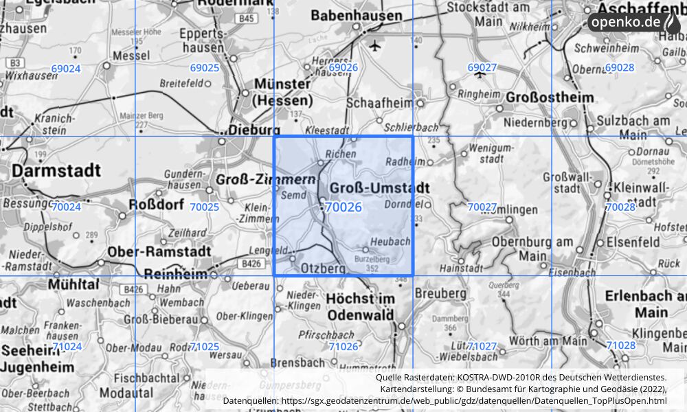 Übersichtskarte KOSTRA-DWD-2010R Rasterfeld Nr. 70026 mit angrenzenden Feldern