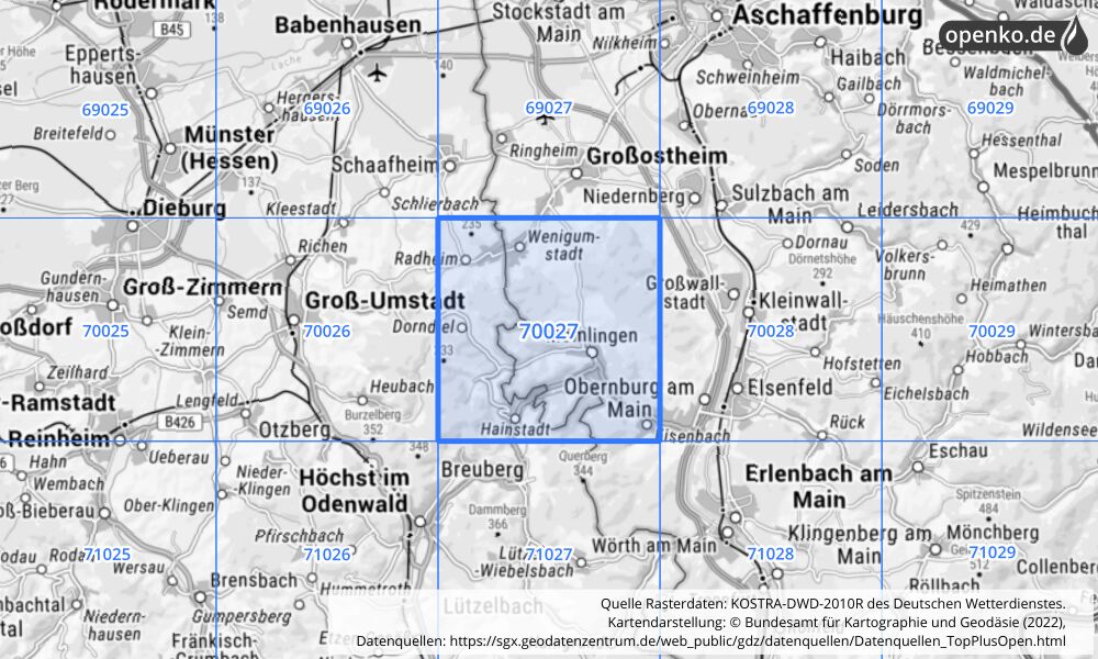 Übersichtskarte KOSTRA-DWD-2010R Rasterfeld Nr. 70027 mit angrenzenden Feldern