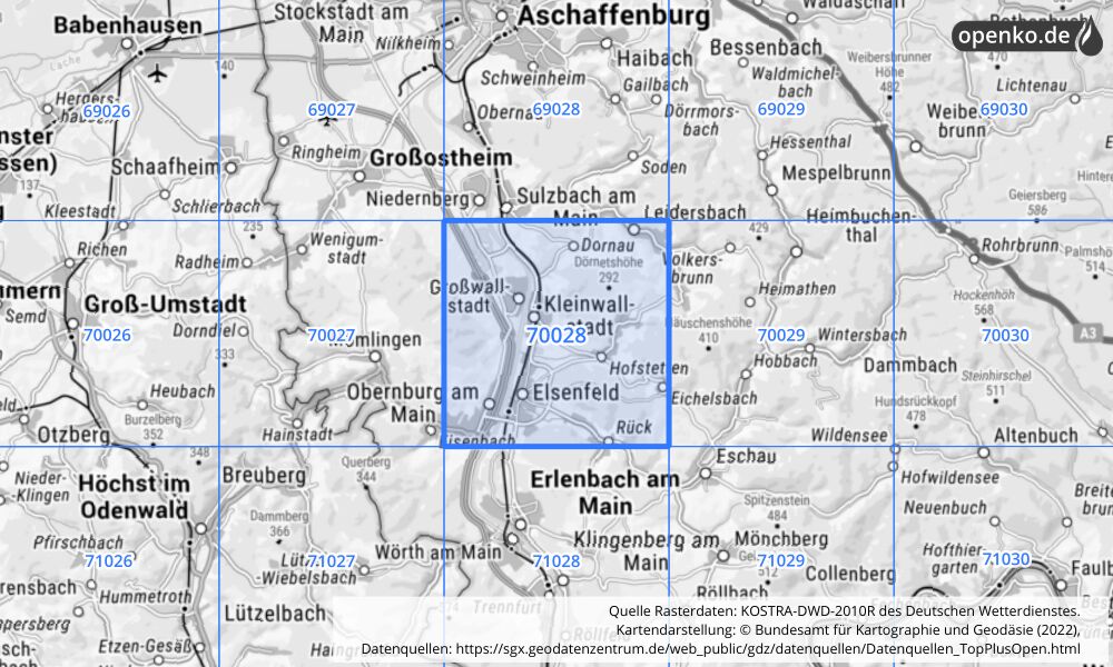 Übersichtskarte KOSTRA-DWD-2010R Rasterfeld Nr. 70028 mit angrenzenden Feldern