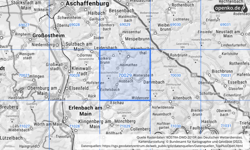 Übersichtskarte KOSTRA-DWD-2010R Rasterfeld Nr. 70029 mit angrenzenden Feldern