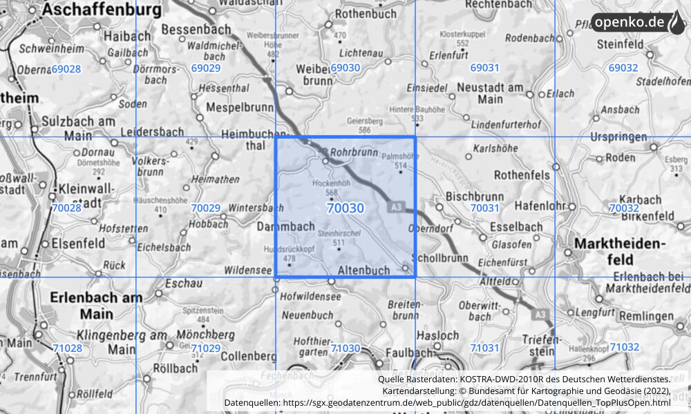 Übersichtskarte KOSTRA-DWD-2010R Rasterfeld Nr. 70030 mit angrenzenden Feldern