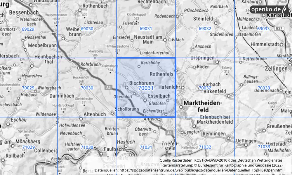 Übersichtskarte KOSTRA-DWD-2010R Rasterfeld Nr. 70031 mit angrenzenden Feldern