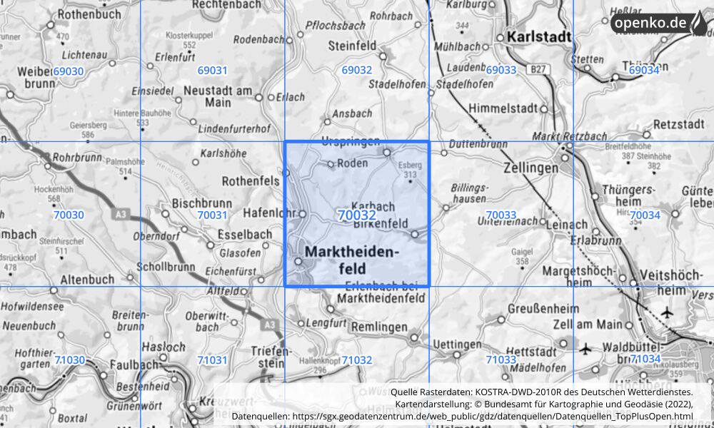 Übersichtskarte KOSTRA-DWD-2010R Rasterfeld Nr. 70032 mit angrenzenden Feldern