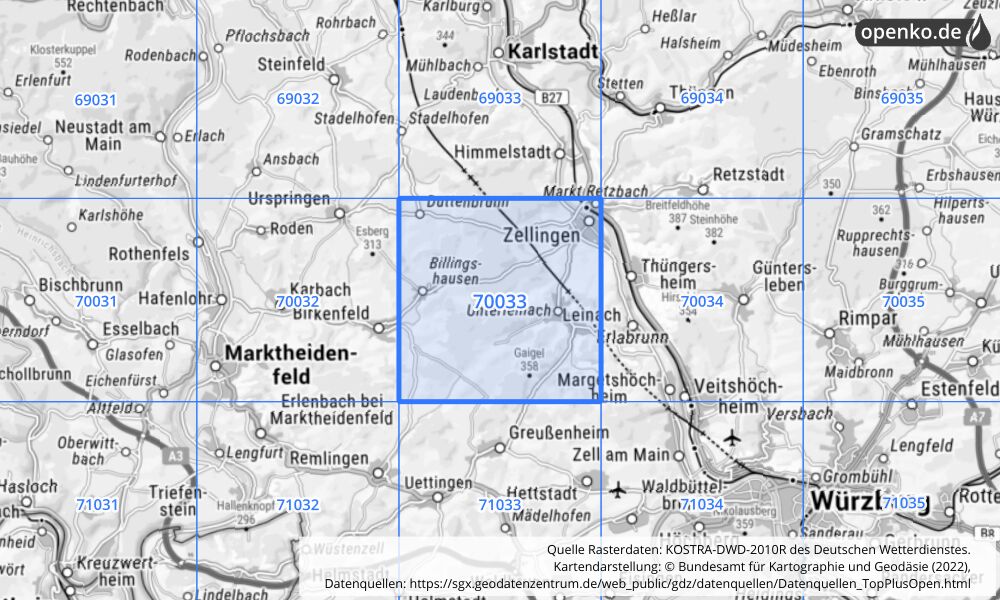 Übersichtskarte KOSTRA-DWD-2010R Rasterfeld Nr. 70033 mit angrenzenden Feldern