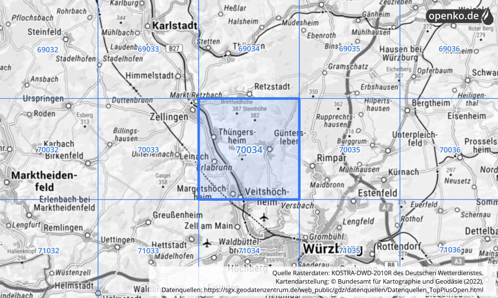 Übersichtskarte KOSTRA-DWD-2010R Rasterfeld Nr. 70034 mit angrenzenden Feldern