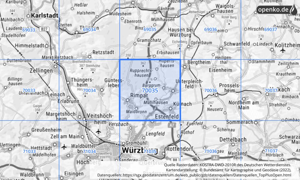 Übersichtskarte KOSTRA-DWD-2010R Rasterfeld Nr. 70035 mit angrenzenden Feldern