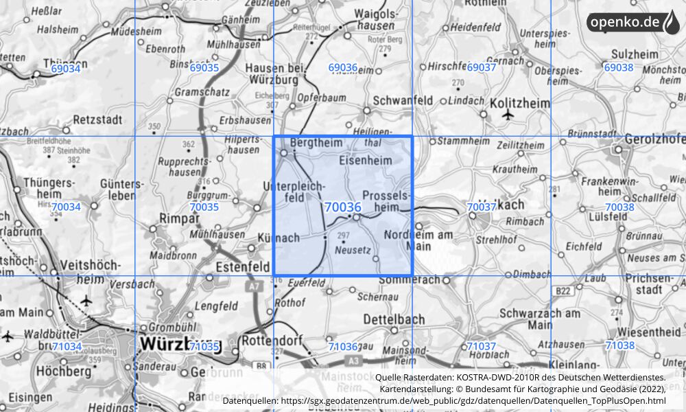 Übersichtskarte KOSTRA-DWD-2010R Rasterfeld Nr. 70036 mit angrenzenden Feldern