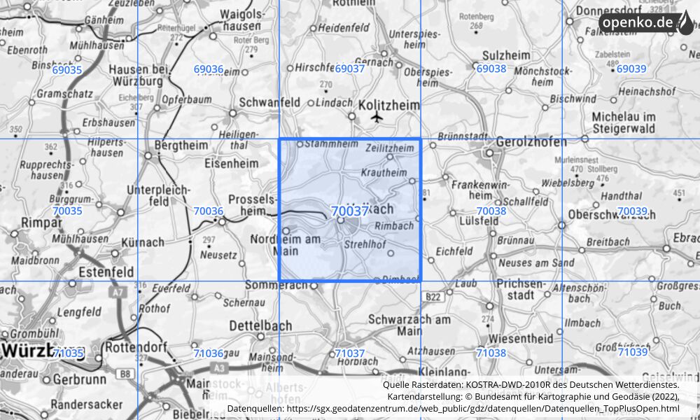 Übersichtskarte KOSTRA-DWD-2010R Rasterfeld Nr. 70037 mit angrenzenden Feldern