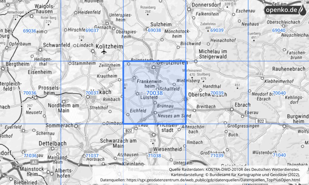 Übersichtskarte KOSTRA-DWD-2010R Rasterfeld Nr. 70038 mit angrenzenden Feldern