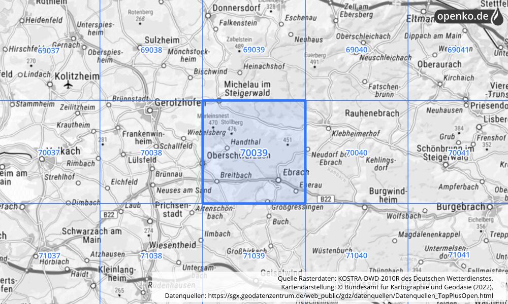 Übersichtskarte KOSTRA-DWD-2010R Rasterfeld Nr. 70039 mit angrenzenden Feldern