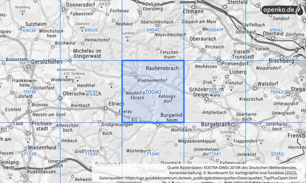 Übersichtskarte KOSTRA-DWD-2010R Rasterfeld Nr. 70040 mit angrenzenden Feldern