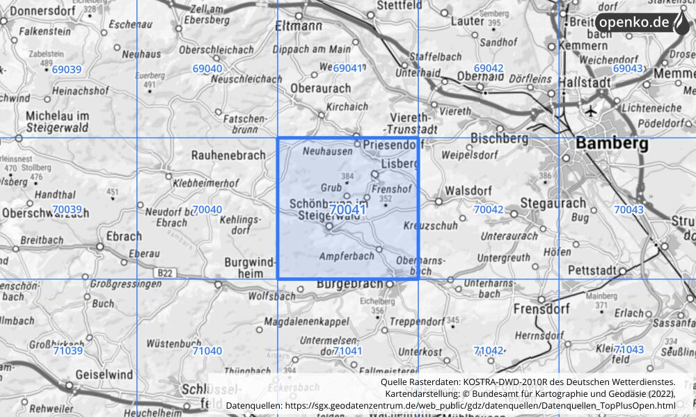 Übersichtskarte KOSTRA-DWD-2010R Rasterfeld Nr. 70041 mit angrenzenden Feldern