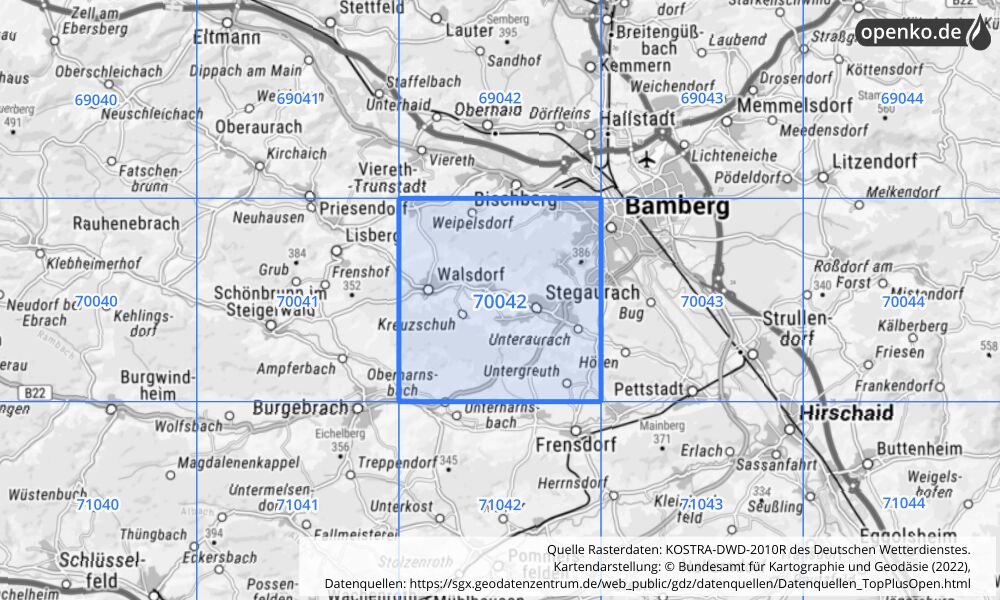 Übersichtskarte KOSTRA-DWD-2010R Rasterfeld Nr. 70042 mit angrenzenden Feldern