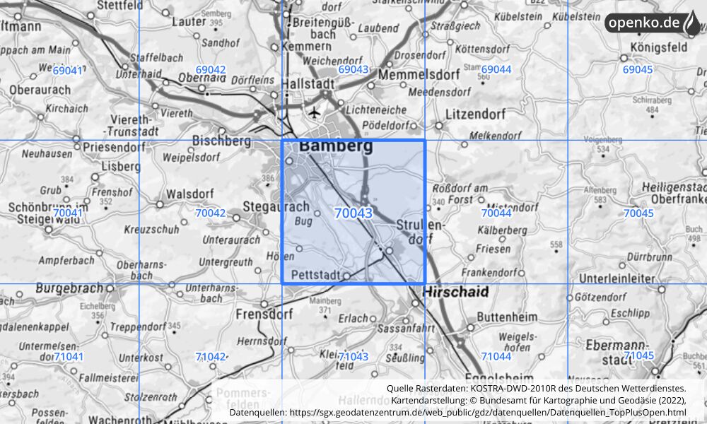 Übersichtskarte KOSTRA-DWD-2010R Rasterfeld Nr. 70043 mit angrenzenden Feldern