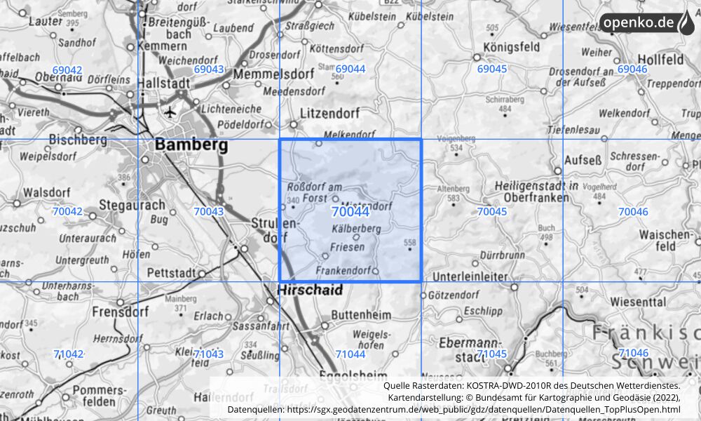 Übersichtskarte KOSTRA-DWD-2010R Rasterfeld Nr. 70044 mit angrenzenden Feldern