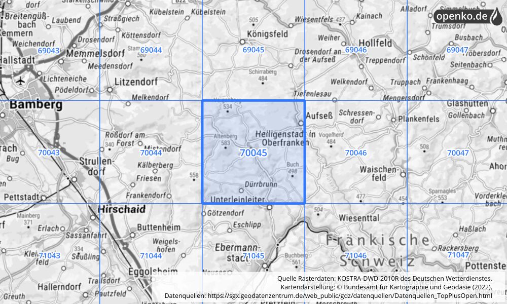 Übersichtskarte KOSTRA-DWD-2010R Rasterfeld Nr. 70045 mit angrenzenden Feldern