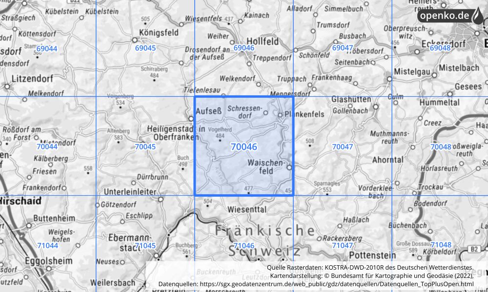 Übersichtskarte KOSTRA-DWD-2010R Rasterfeld Nr. 70046 mit angrenzenden Feldern